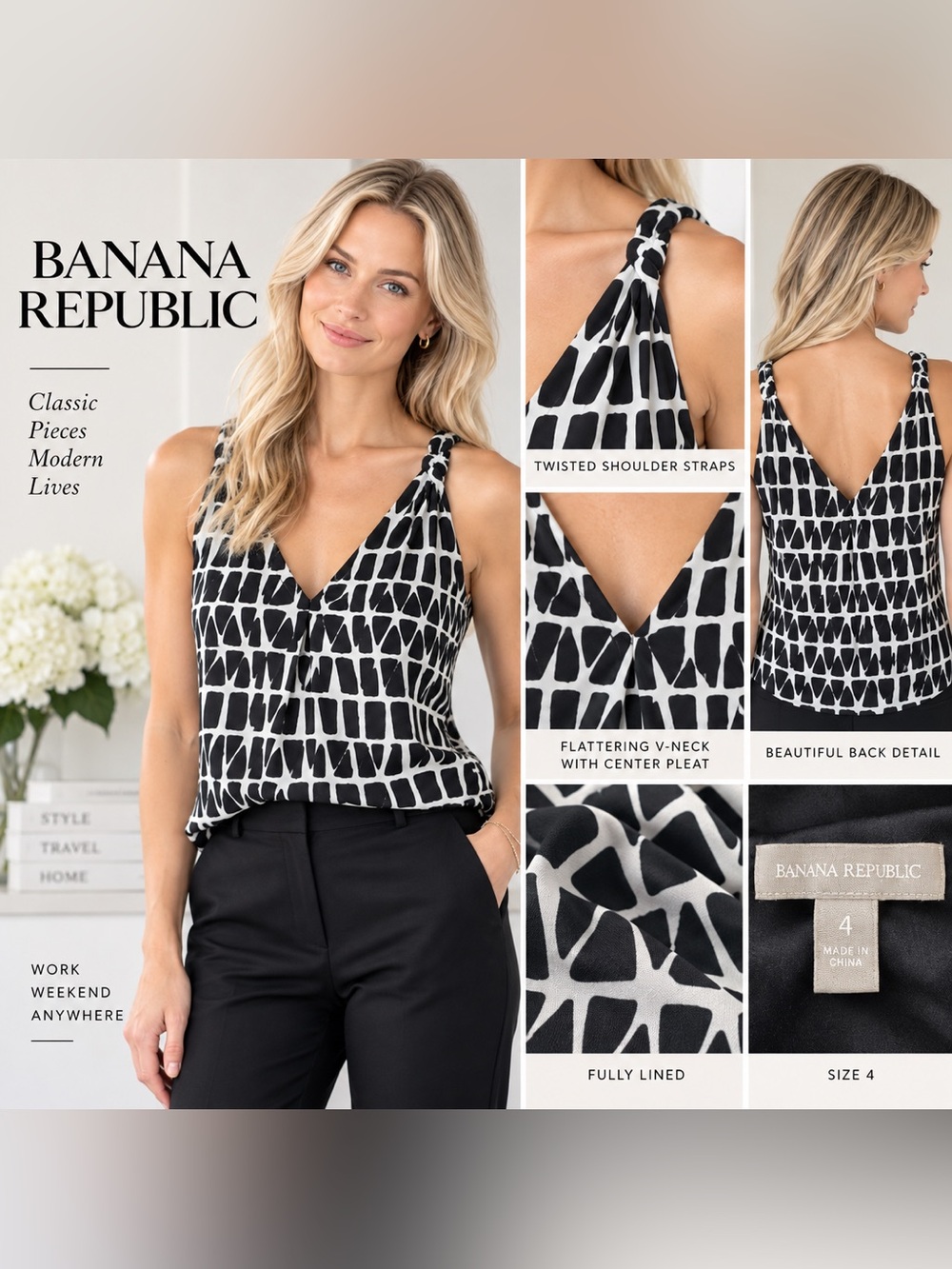 Banana Republic Black White Geometric Twist Strap Top 4